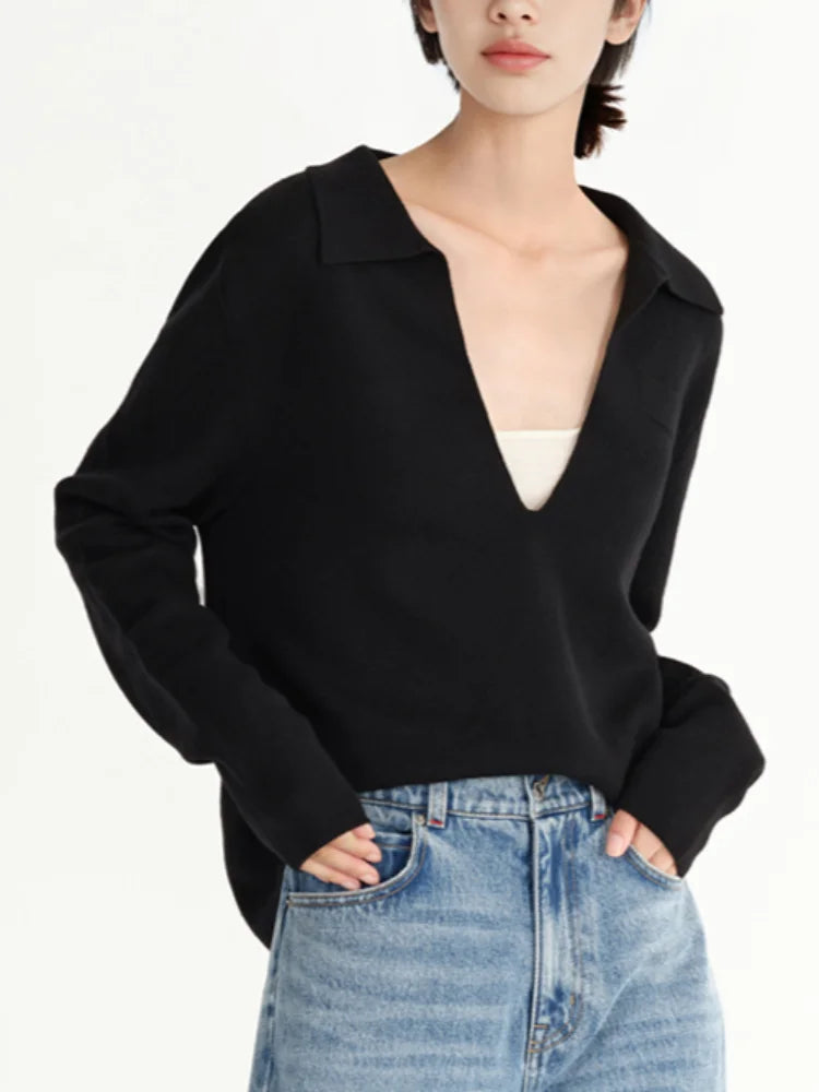 Pull Loose Fit Col Polo Femme Coréen