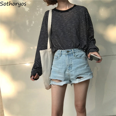 Elegant Striped Long Sleeve T-shirt - Korean Style