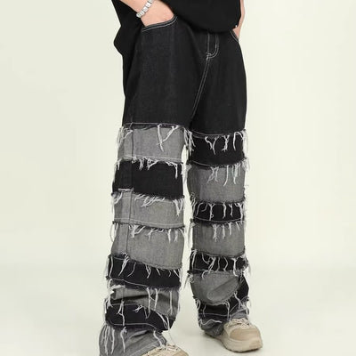 Korean Men's Patchwork Tassel Jeans