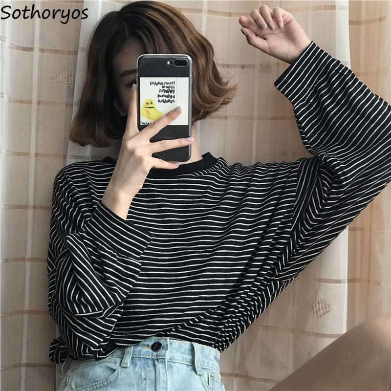 Elegant Striped Long Sleeve T-shirt - Korean Style