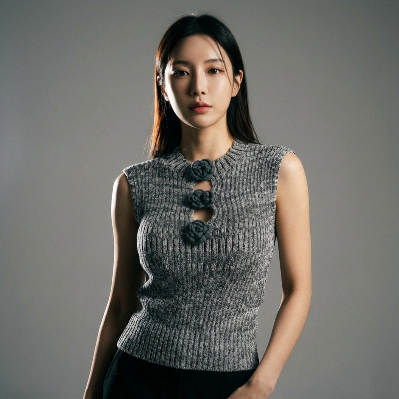 Gilet femme coréen en maille avec fleurs 3D - Koreanxwear - Taille One Size