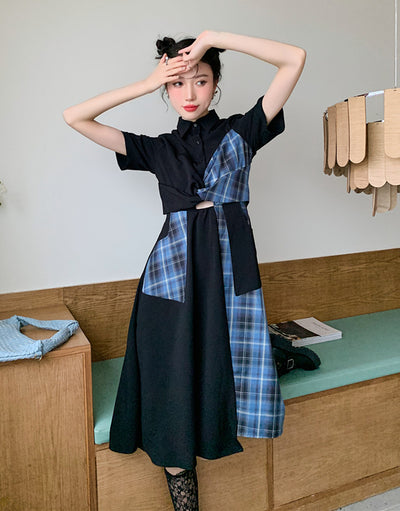 Korean Blue and Black Plaid Dress