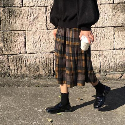 Korean Plaid Pleated Long Skirt