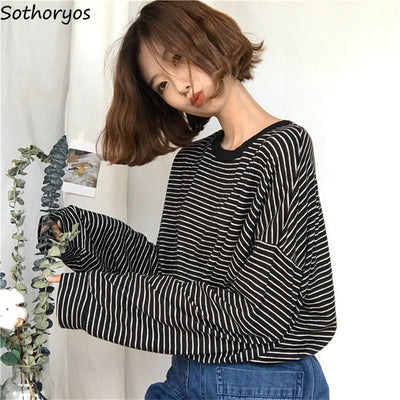 Elegant Striped Long Sleeve T-shirt - Korean Style