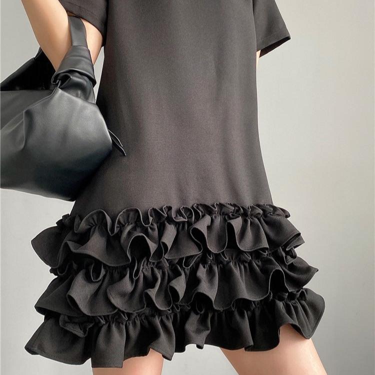 Robe Noire Coréenne à Volants