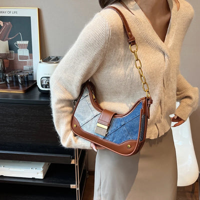 Denim &amp; Leather Shoulder Bag