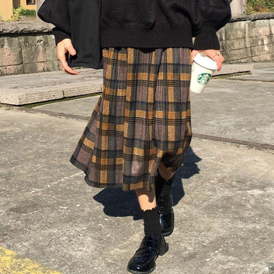 Korean Plaid Pleated Long Skirt