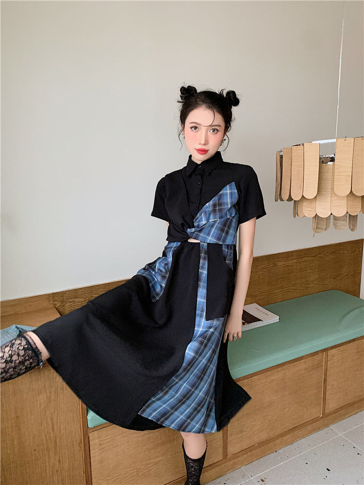 Robe à Carreaux Bleus et Noirs Coréenne