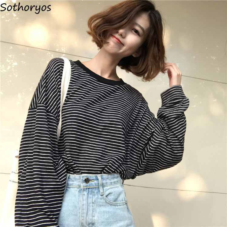 Elegant Striped Long Sleeve T-shirt - Korean Style