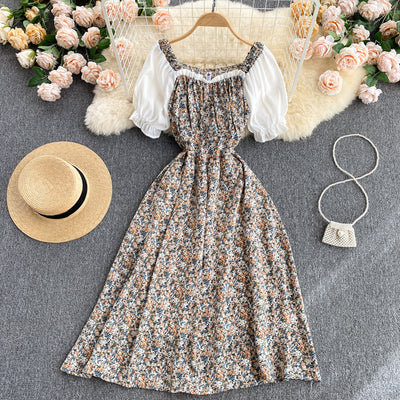 Square Collar Korean Midi Floral Dress