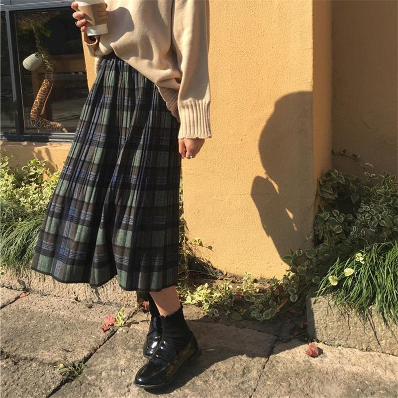 Korean Plaid Pleated Long Skirt