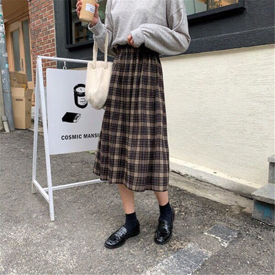 Korean Plaid Pleated Long Skirt