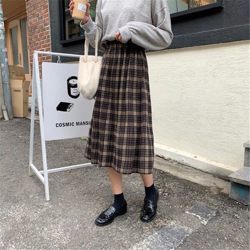 Korean Plaid Pleated Long Skirt