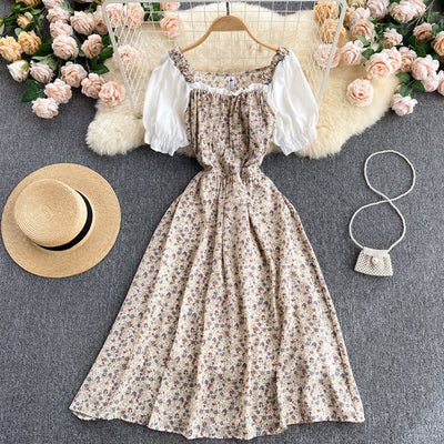 Square Collar Korean Midi Floral Dress