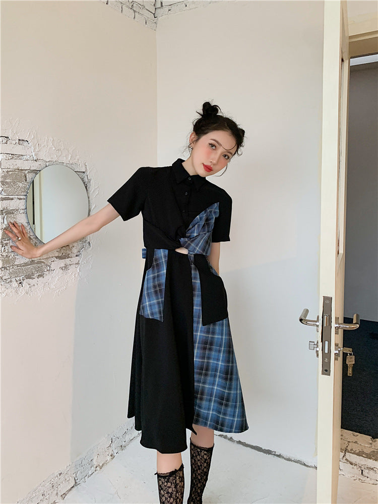 Robe à Carreaux Bleus et Noirs Coréenne