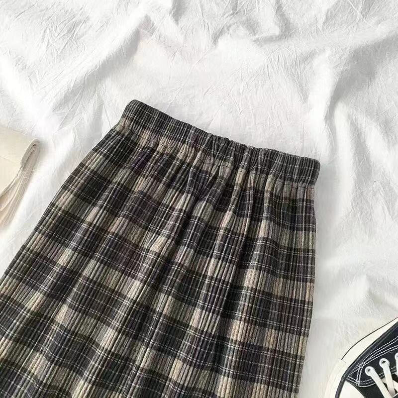 Korean Plaid Pleated Long Skirt