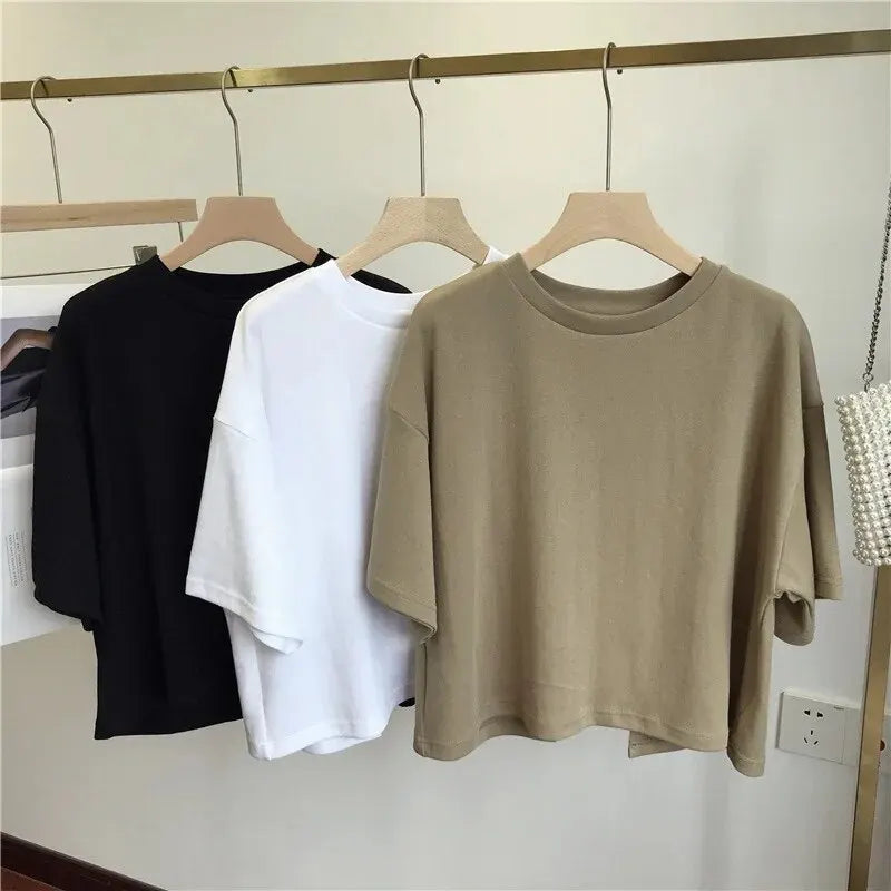 Short Backless T-shirt Women Sweet Spicy Style Summer Round Neck Loose Short Sleeve Top Trendy Korean Style Milk Silk Fabric