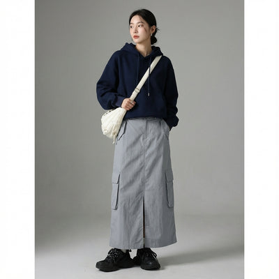 Jupe longue femme coréenne grise style workwear en coton et nylon - Koreanxwear - Taille M