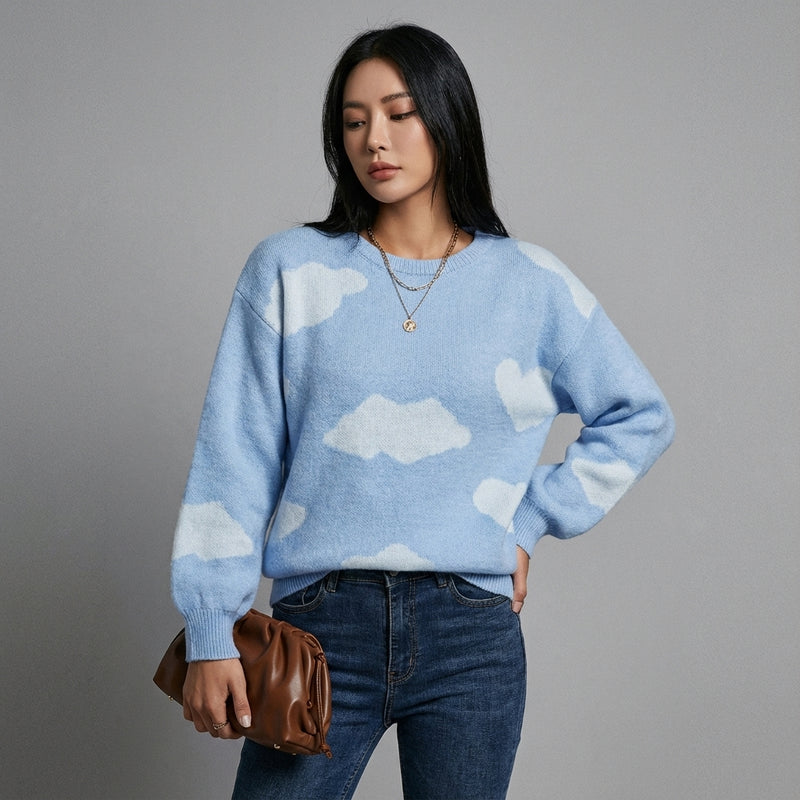 Pull Coréen femme Color Block col rond épaules tombantes - Mode Koreanxwear - Taille M