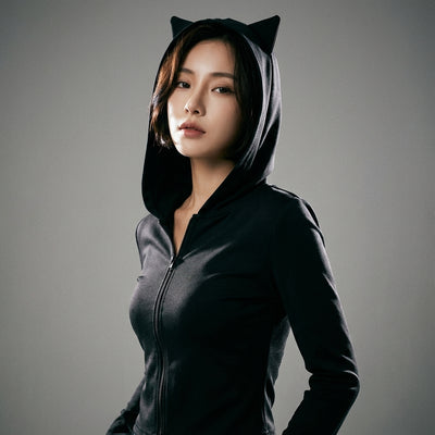 T-shirt noir à capuche col V manches longues pour femme - Style Coréen Koreanxwear - Taille S