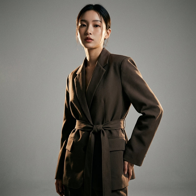 Veste blazer coréenne femme marron foncé avec ceinture - Mode chic Koreanxwear - Taille S