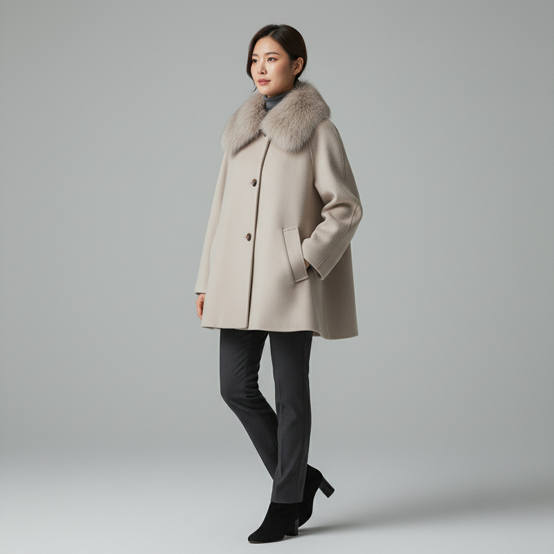 Manteau Long Laine Mélangée Coréen Femme