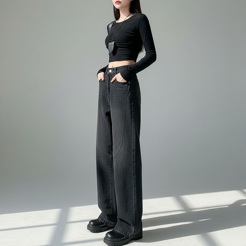 Jeans Rectos Coreanos con Abertura para Mujer