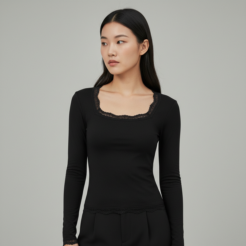 Camiseta Cuello Cuadrado Encaje Coreano