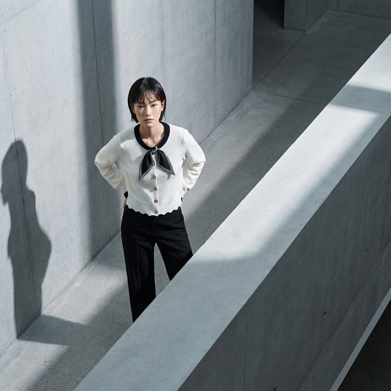 Cardigan court femme Coréen en cachemire avec nœud - Noir ou Ivoire