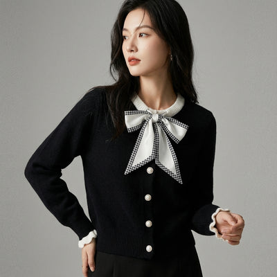 Cardigan court femme Coréen en cachemire avec nœud - Noir ou Ivoire - Taille One Size