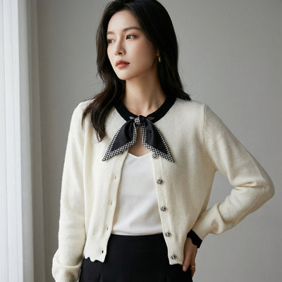 Cardigan court femme Coréen en cachemire avec nœud - Noir ou Ivoire - Taille One Size