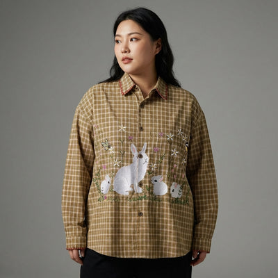 Chemise à carreaux verte unisexe avec broderies lapin - Mode Coréenne Koreanxwear - Taille XL - Grande Taille
