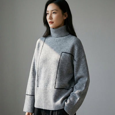 Pull col roulé oversize femme en maille grise - Mode Coréenne Hiver Koreanxwear - Taille M