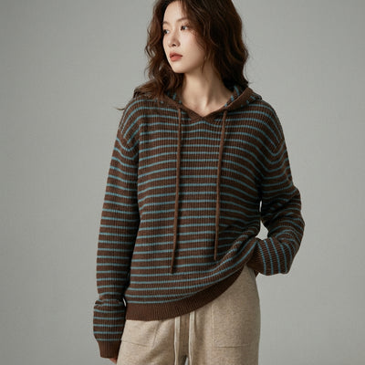 Pull tricoté rayé à capuche femme coréen - Confort et style décontracté Koreanxwear - Taille One Size