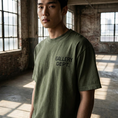 T-Shirt Coréen unisexe vert militaire à col rond et manches courtes - Koreanxwear