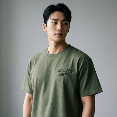 T-Shirt Coréen unisexe vert militaire à col rond et manches courtes - Koreanxwear - Taille L