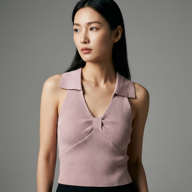 Gilet court tricoté femme col polo - Noir, Blanc, Bleu Ciel, Rose Clair - Mode Coréenne Koreanxwear - Taille One Size