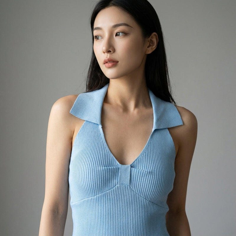 Gilet court tricoté femme col polo - Noir, Blanc, Bleu Ciel, Rose Clair - Mode Coréenne Koreanxwear - Taille One Size