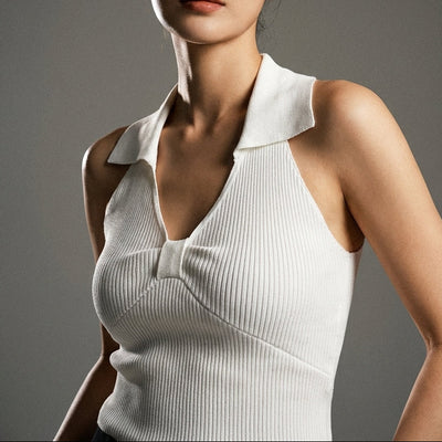 Gilet court tricoté femme col polo - Noir, Blanc, Bleu Ciel, Rose Clair - Mode Coréenne Koreanxwear - Taille One Size