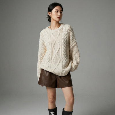 Pull femme tricoté torsadé col rond coréen, coupe ample, couleurs beige, café, violet. - Taille One size