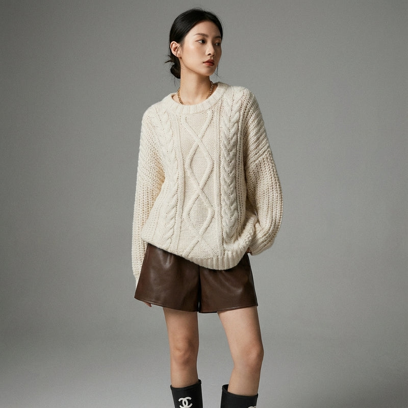 Pull femme tricoté torsadé col rond coréen, coupe ample, couleurs beige, café, violet. - Taille One size