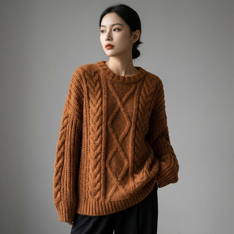 Pull femme tricoté torsadé col rond coréen, coupe ample, couleurs beige, café, violet. - Taille One size