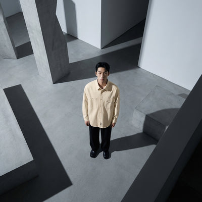 Chemise coréenne ample unie à manches longues en coton - Beige, Noir, Kaki Koreanxwear