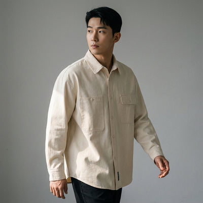 Chemise coréenne ample unie à manches longues en coton - Beige, Noir, Kaki Koreanxwear - Taille M