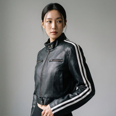 Veste rayée femme en coton noir, style urbain coréen, col montant et fermeture éclair - Koreanxwear - Taille M