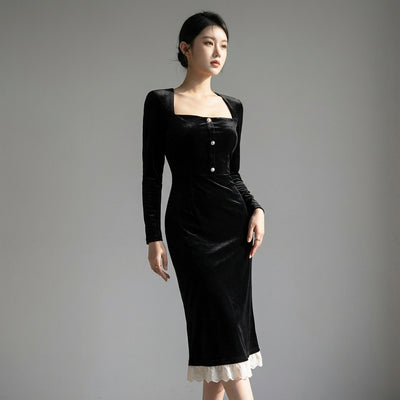 Robe longue coréenne en velours noir femme, col carré, manches longues, ajustée et élégante. - Taille L