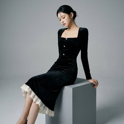 Robe longue coréenne en velours noir femme, col carré, manches longues, ajustée et élégante. - Taille S