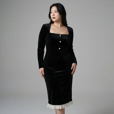 Robe longue coréenne en velours noir femme, col carré, manches longues, ajustée et élégante. - Taille XL - Grande Taille