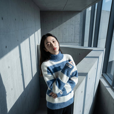 Pull rayé col roulé femme en laine et polyester - Mode Coréenne Koreanxwear