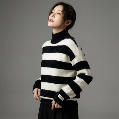 Pull rayé col roulé femme en laine et polyester - Mode Coréenne Koreanxwear - Taille One Size